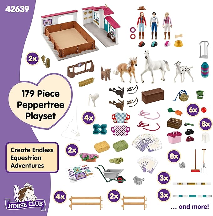 Schleich Horse Club - 179PC Peppertree Riding Arena Horse Playset with Real Dressage Cards - With Stable Set, 2 Horses, 3 Rider Figurines, Cards and Accessories - Toys for Girls & Boys Ages 5+ | 42639