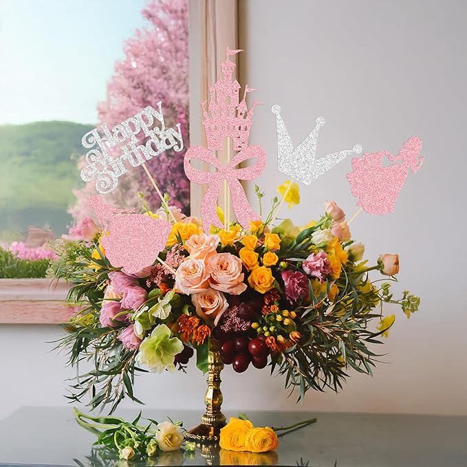 Gyufise 12Pcs Princess Centerpiece Sticks Birthday Bowknot Castle Birthday Table Flower Centerpieces Sticks Crown Bow Party Decorations for Bridal Shower Birthday Wedding Party Supplies Pink