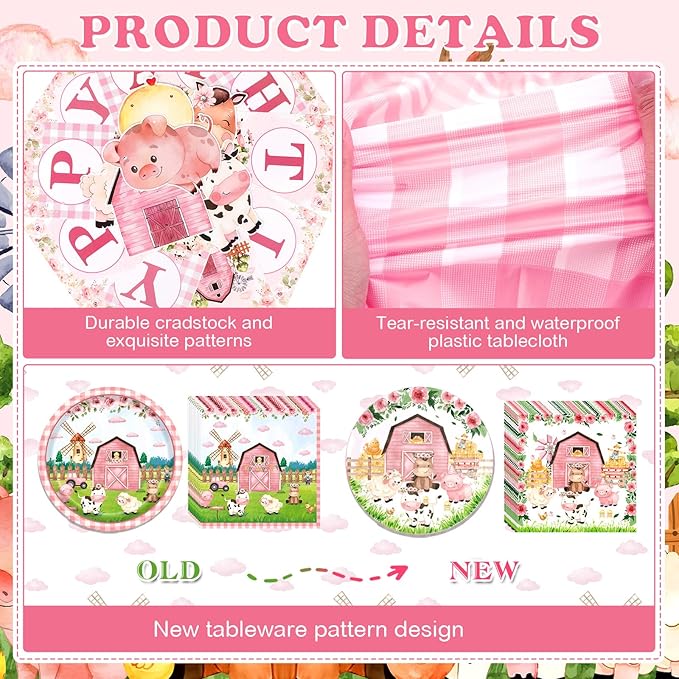 Pink Farm Animal Theme Birthday Party Supplies Decorations Tableware Set for Girl Baby Shower Farm Animal Happy Birthday Banner Backdrop Balloon Tablecloth Plate Napkins Forks Honeycomb Centerpiece