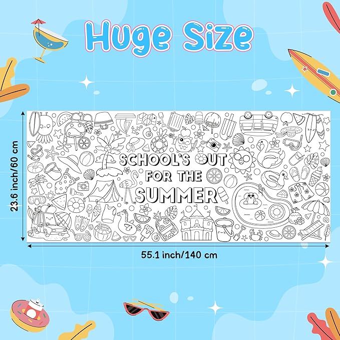 Jumbo End of the School Year Coloring Poster - School’s Out for the Summer DIY Drawing Color-in Paper Blank Art Banner 55.1 x 23.6 Inch Decor, Home Classroom Activity for Kids Party Supplies