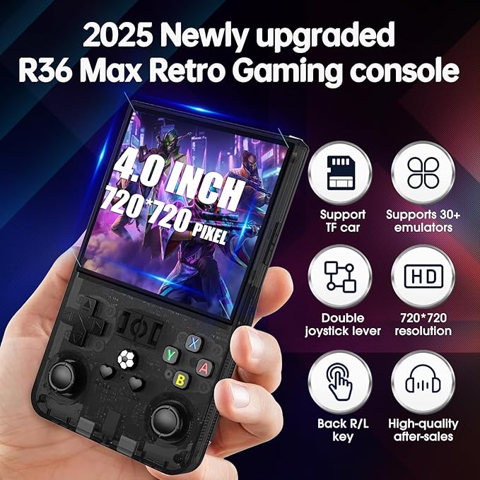 R36MAX Retro Handheld Game Console, 4.0" IPS Screen Retro Gaming Console, 128GB TF Card, 30+ Mainstream Emulators, 22,000+ Classic Games, Open Source Linux System, 4000mah Battery – Black