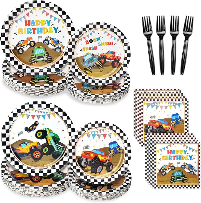 96 Pcs Truck Plates and Napkins Tableware Set (Serves 24), Party Supplies Include Plates Napkins and Forks for Truck Birthday Decorations