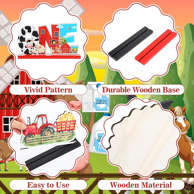 4Pcs Farm Animal One Wooden Table Centerpieces Farm Barnyard Happy 1st Birthday Table Sign Party Supplies for 1 Year Old Baby Shower Boys Girls Birthday Party Supplies Decor Photo Props Kids