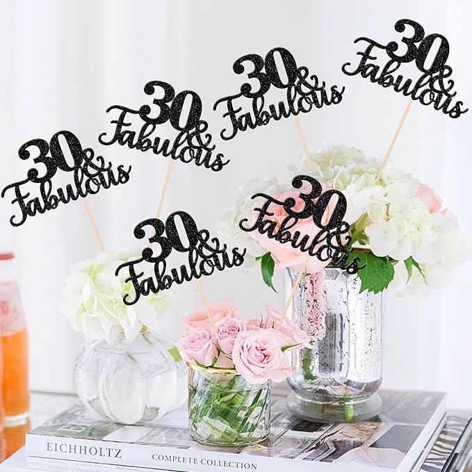 12 PCS 30 and Fabulous Centerpiece Sticks Double Sided Happy 30th Birthday Table Flower Centerpieces Sticks Cheers to 30 Floral Decorations for 30th Birthday Anniversary Party Supplies Black