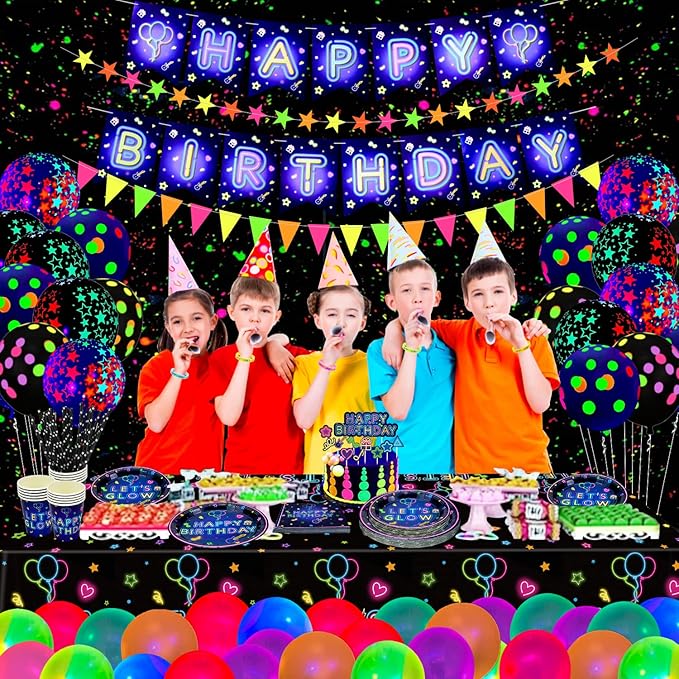 238 PCS Let's Glow Neon Party Supplies - Glow Tableware Set, Balloon Banner, Cake Toppers & Tablecloth for Blacklight Party Decoration (Serves 20)