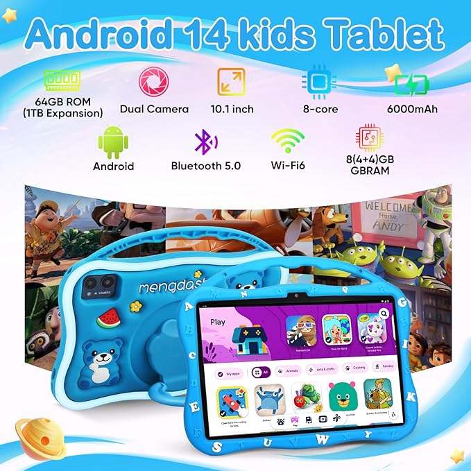 Kids Tablet, 10.1 inch Tablet for Kids 3-10, Educational Learning Toddler Tablet Android 14, 8（4+4） GB RAM+64GB ROM Storage, 5G WiFi, Baby Girl boy Present (Blue)