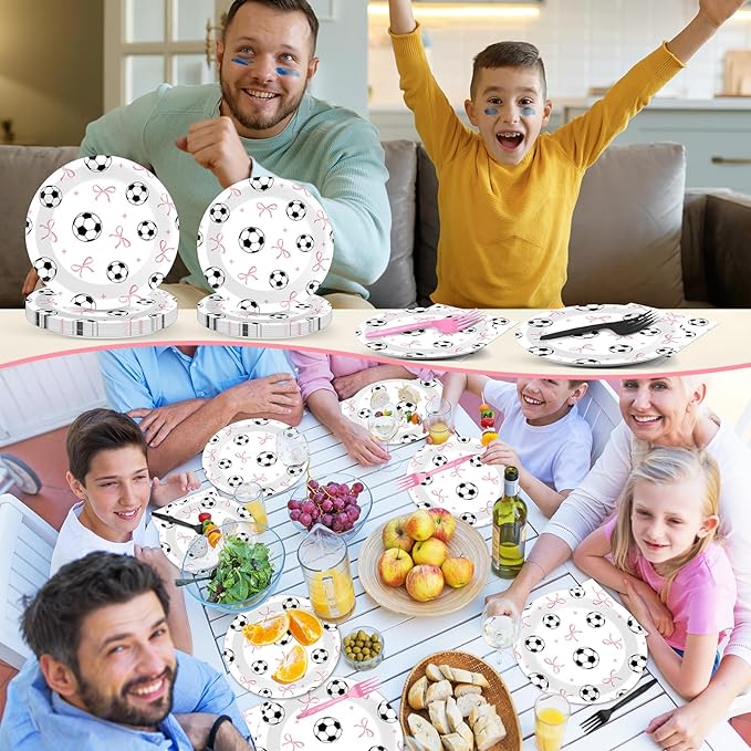 96PCS Soccer and Bow Party Paper Plates and Napkins for Sports Themed Party Dessert Cake Plates Disposable Decor Pink Bow Soccer Birthday Parties Set for Boys Girls Birthday Gatherings Decorations