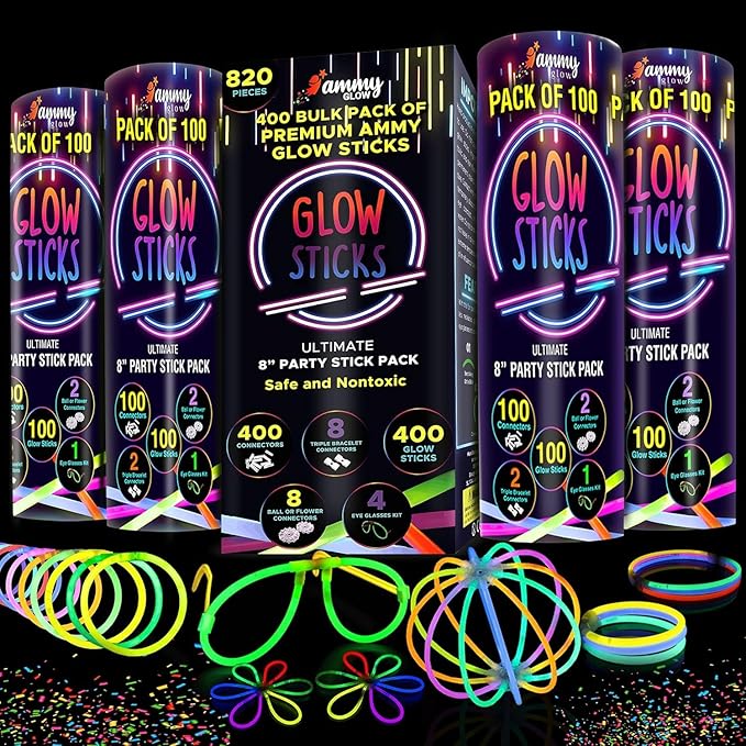 Ammy Glow-Glow Sticks-100 Pack Bulk Party favors for Kids-Neon Glow in The Dark Party Supplies - Eye Glasses, Glow Bracelets & Necklaces -Party Lights For Birthdays & Weddings-205 pcs