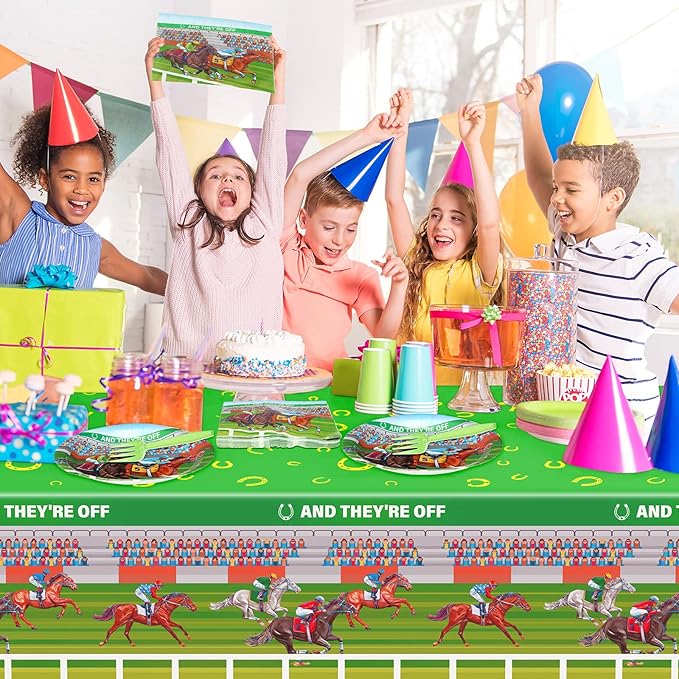 49 Pcs Derby Party Supplies Horse Racing Party Disposable Tableware Set Including Paper Plates Napkins Tablecloth Derby Day Disposable Dinnerware for Horse Birthday Supplies Serve 16 Guests