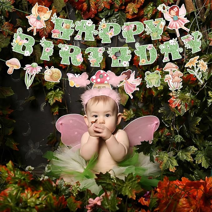 3 Pcs Fairy Birthday Party Decorations Green Glitter Happy Birthday Banner Colorful Hanging Decor Funny Banner Cutout Garland for Themed Decorations Bridal Shower Garden Party Supplies