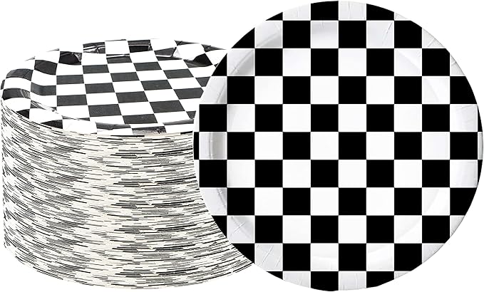 40 Pcs Black & White Checkered Party Supplies - Racing Themed Paper Plates, 7" Dessert Plates for Kids Sports Themed Race Car Birthday Party Decorations