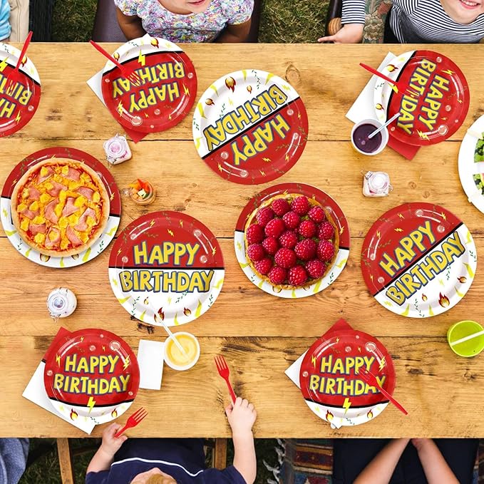 Grencian 200Pcs Happy Birthday Party Supplies Cartoon Anime Paper Plates and Napkins Tableware Sets Red and White Yellow Lightning Decoration for Birthday Cartoon Fun Kids Children Party Serves 50