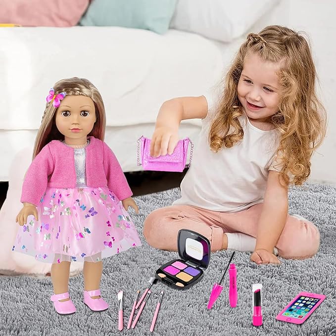 American 18 Inch Doll Makeup Accessories and Clothes,Messenger Bag Set for 18 Inch Dolls Include Phone Eye Shadow Lipstick Eyelash Brush Makeup Brush Butterfly Hair Clip and Shoes（No Doll）