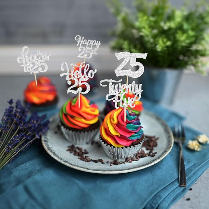 30Pcs 25th Birthday Cupcake Toppers Twenty Five Legal 25th Cupcake Picks Cheers to 25 Years Old Cake Decorations for 25th Anniversary Party Supplies Silver Glitter