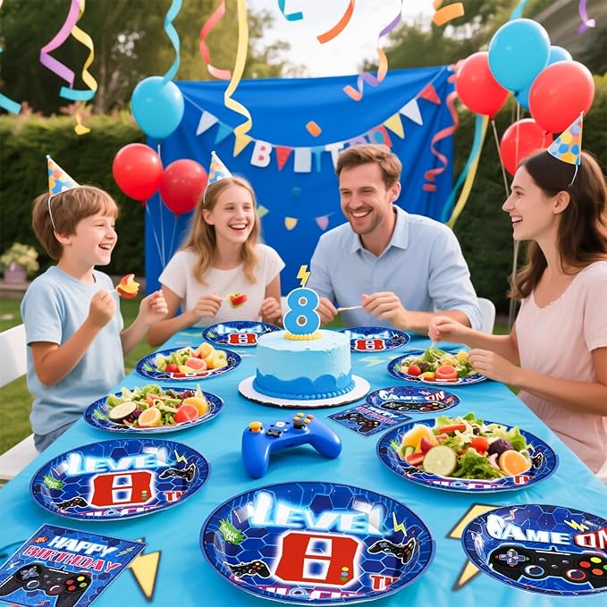 Grencian 96 Pcs 8th Video Game Birthday Party Decorations Blue Video Game Level 8 Birthday Plates and Napkins Tableware Sets for Kids Boys 8 Years Old Gamer Gaming Party Supplies Favors Serves 24
