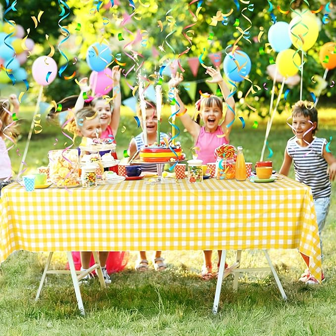 Kochorie 54 Inch x 300 Ft Light Yellow Checkered Plastic Table Cloth Roll Disposable Waterproof Table Cover Plastic Table Cover Roll with Easy Slide Cutter for Outdoor Picnic/Home Dining/Spring Party