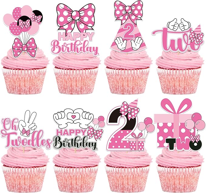 Oh Twodles Cupcake Toppers - 24 Pcs Pink and White Cartoon Mouse Bow Dots Cake Cupcakes Dessert Topper Decor Set 2nd Birthday Party Decorations Supplies Favors for Two Years Old Kids Girls