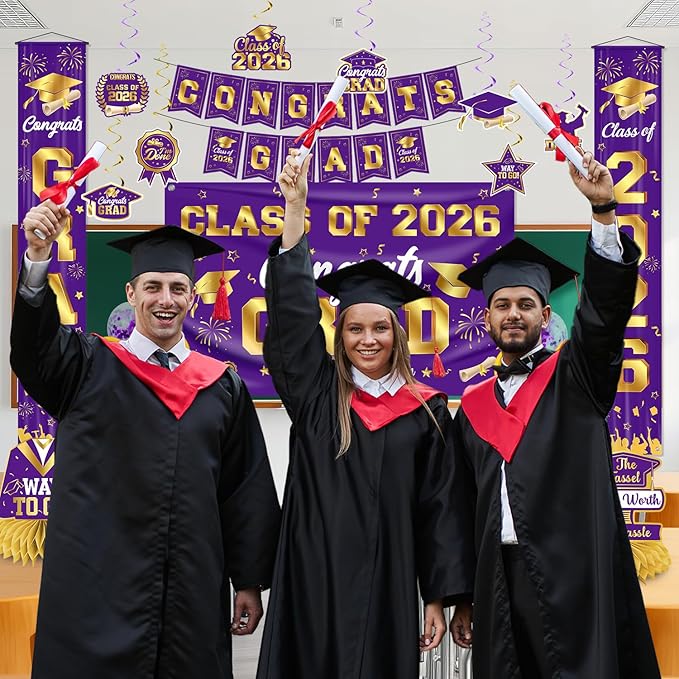 Graduation Decorations Class of 2026 Purple and Gold Graduation Party Decor Set include Congrats Grad Banner Backdrop Class of 2026 Balloons Party Supplies