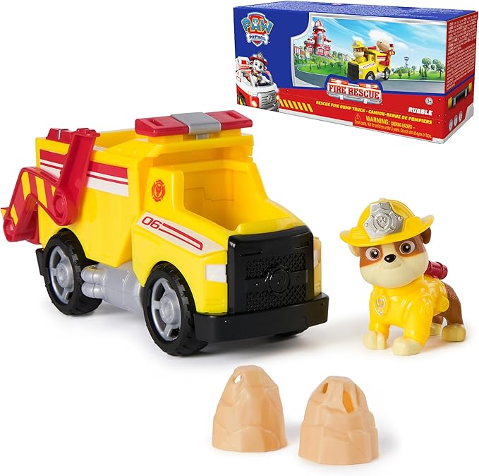 Paw Patrol Fire Rescue: Rubble Rescue Fire Dump Truck with Action Figure, Projectiles, and Toy Truck, Kids Toys for Boys & Girls Ages 3 and Up