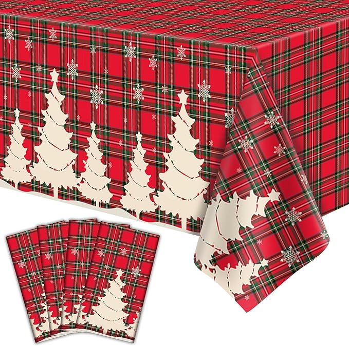 4 Pack Christmas Table Cloth Christmas Checkered Tablecloth Buffalo Plaid Table Cloth Christmas Party Table Cover Xmas Party Decoration with Christmas Tree and Snowflake 51 X 86 in