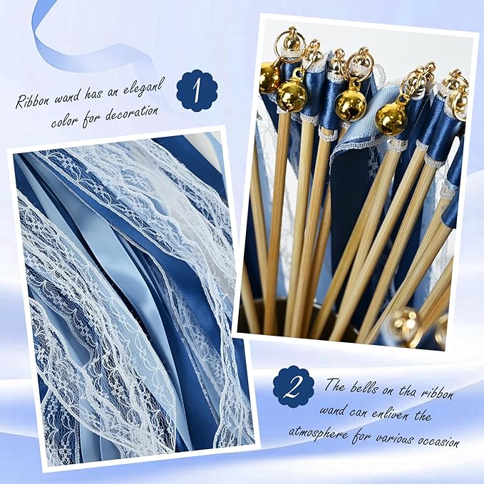 50Pcs Ribbon Sticks Wands Streamers with Bells Silk Fairy Stick Party Ribbon Streamers for Wedding Party, Birthday and Holiday Activities-Blue