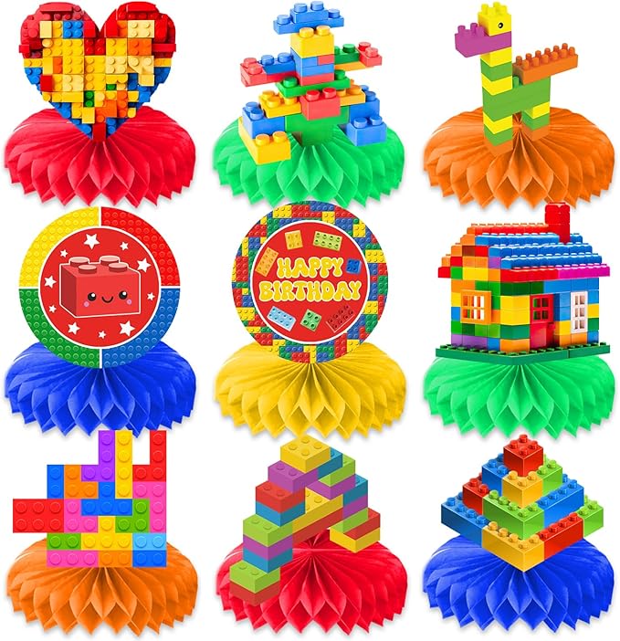 9PCS Building Block Honeycomb Centerpieces Themed Birthday Party Decorations Construction Centerpiece Table Decoration Party Favors Decor Supplies Gifts for Boys Girls Men Women