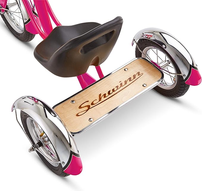 Schwinn Roadster Bike for Toddler, Kids Classic Tricycle, Low Positioned Steel Trike Frame w/ Bell & Handlebar Tassels, Rear Deck Made of Genuine Wood, Boys and Girls Ages 2-4 Year Old, Bright Pink