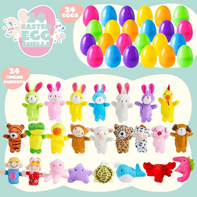 JOYIN 24 Pcs Prefilled Easter Eggs with Animal Finger Puppets for Toddlers and Kids, Easter Basket Stuffers, Easter Egg Hunt, Easter Goodie Bag Fillers Classroom Prize and Party Favors