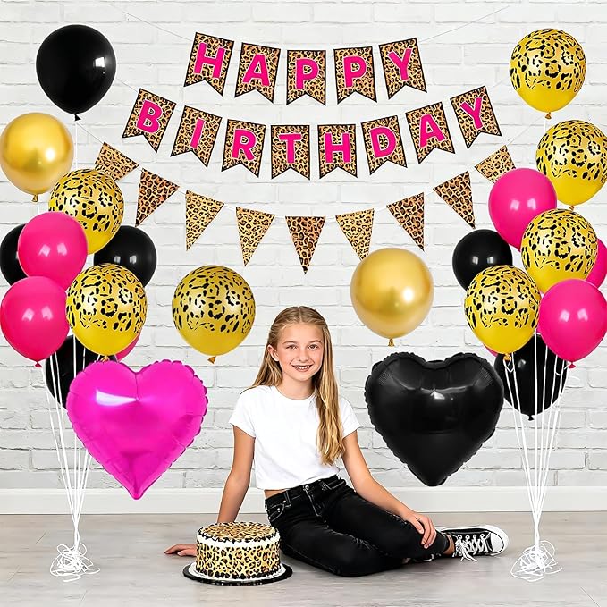 Leopard Print Happy Birthday Decorations, Gold Cheetah Print Animal Balloons Black Gold and Pink Heart Balloon with Birthday Banner for Safari Wild Birthday Baby Shower Jungle Zoo Theme Party Supplies