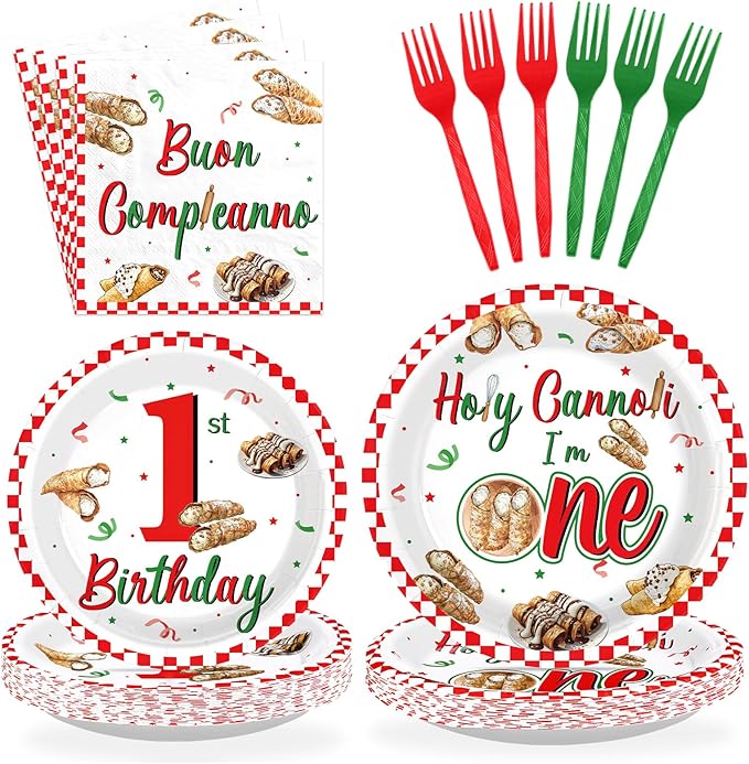 96Pcs Cannoli 1st Birthday Decorations Holy Cannoli I’m One Plates and Napkins Tableware Sets for Italian Pizza Food Theme Italy Baby Shower 1 Year Old Birthday Supplies Serves 24