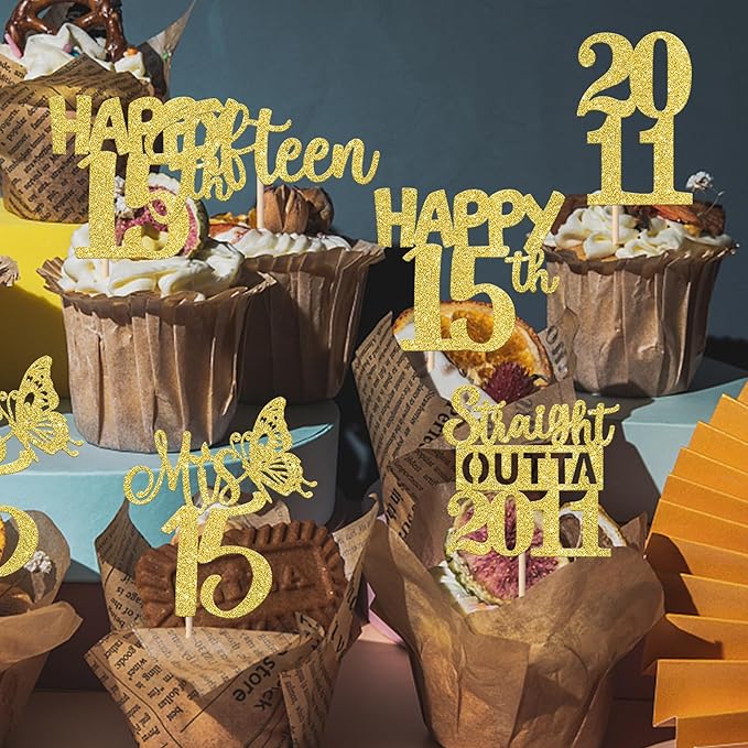 30PCS Straight Outta 2011 Cupcake Toppers Gold Glitter Fifteen Happy 15th Birthday Cupcake Picks Cheers to 15 Years Cake Decorations for 15th Birthday Anniversary Party Decoration Supplies