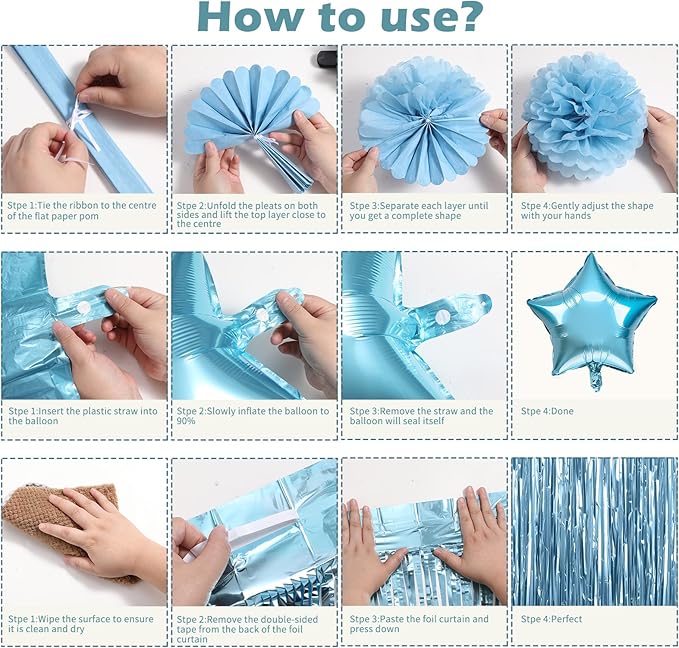 Blue Birthday Decorations for Women, Happy Birthday Party Decorations, Happy Birthday Banner, Baby Blue Balloons, Foil Fringe Curtains, Tissue Paper Pompoms, Star Garland, Party Decor for Girls