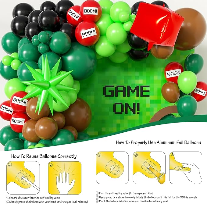Green Balloon Arch Kit,Brow Green and Black Balloons Garland Kit For boy,Video Game Foil Balloon for Birthday Decorations,Party Supplies for boys