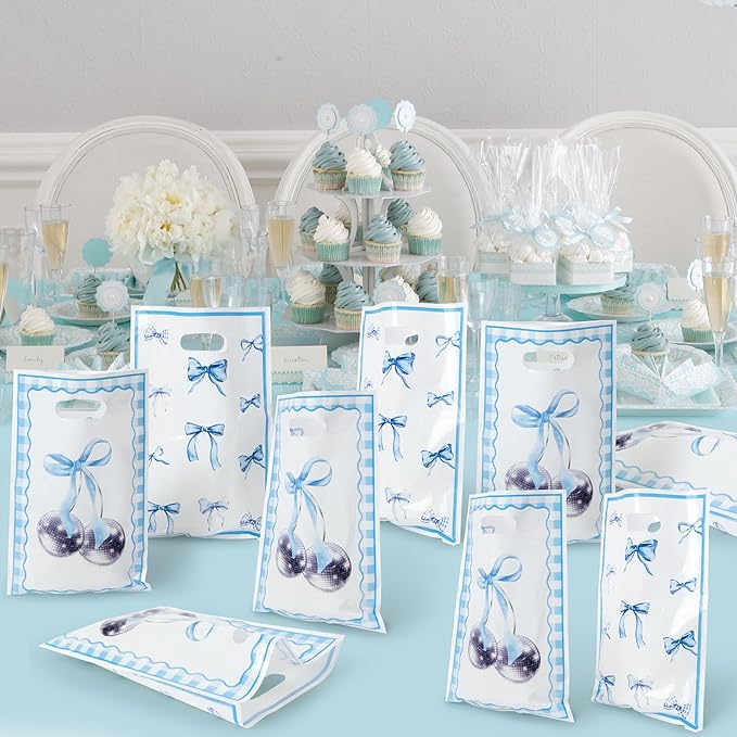 Blue Bow Party Favor Bags - 50Pcs Blue Bow Knot Themed Goody Candy Treat Gifts Bags Party Decorations for Kids Girls Women Birthday Wedding Bridal Shower Supplies