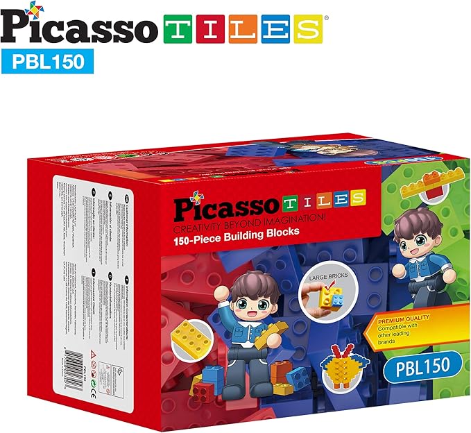 PicassoTiles 150 Piece Large Construction Brick Building Blocks STEM Bricks Toy Set Creative Learning Early Education Playset 5 Colors 4 Unique Shapes Mix & Match Toys for Kids Boys Girls Child Age 3+