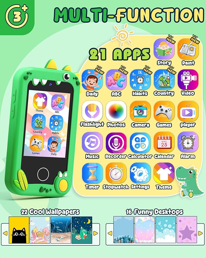 UCIDCI Dinosaur Kids Smart Phone Toys for Boy Dual Camera & Music Player Toddler Selfie Phone Toys Road Trip Toys with Learning Games, Christmas, Birthday Gifts for 3 4 5 6 7 Year Old Green