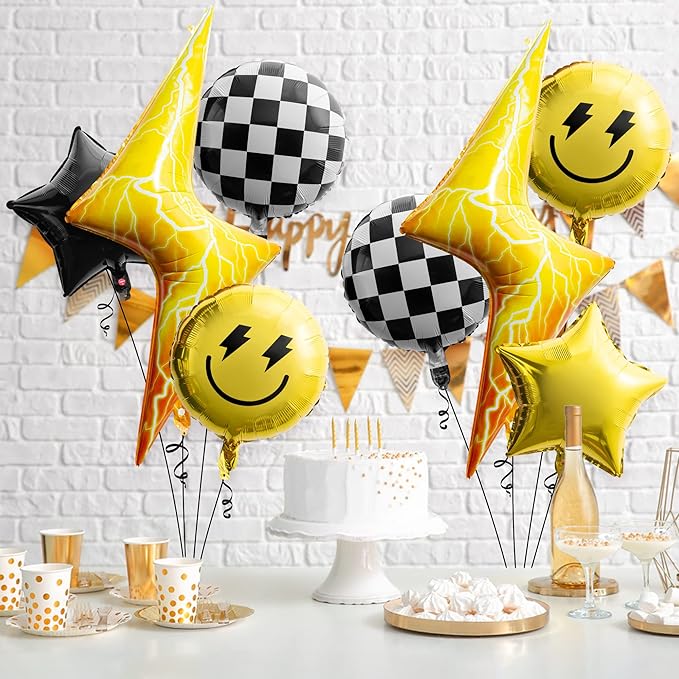 8PCS 18 Inch Smile Party Checkered Helium Balloons, Yellow Smile Face Prppy Theme Birthday Party Decorations, Yellow Lightning Balloons for Wedding Decor Event Supplies