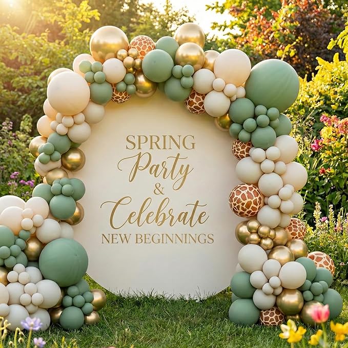 Safari Balloon Garland Kit with Sage Green sand White Gold and Jungle giraffe animal print balloons for Woodland Themed Giraffe Wedding Two Wild One Birthday Party decorations supplies