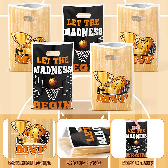 Basketball Party Favor Bags - 50Pcs Plastic March Madness Candy Treat Gift Bags with Handles Match Party Decoration Snack Goodie Bag Birthday Sport Theme Party Supplies for Basketball Lovers