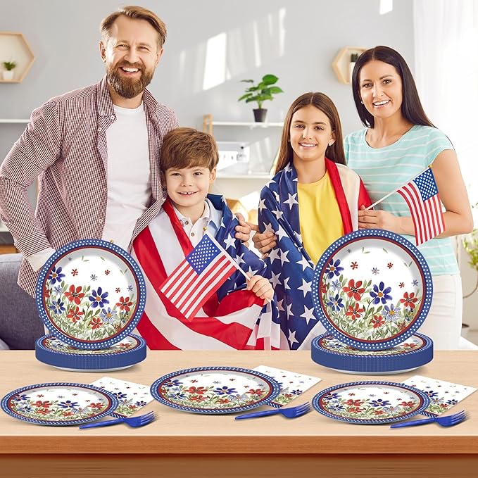 96Pcs American 4th of July Independence Party Plates and Napkins Patriotic Party Decorations Memorial Days Dessert Plates Poppy Flower Tableware for 24 Guests Labor Veterans Days Party Supplies
