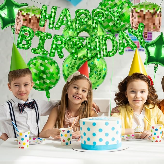 Green Pixel Themed Happy Birthday Banner Party Decorations Set Including 40 Inch Number 8 Foil Balloons, Themed Party Essentials, TNT Pixel Backdrop Supplies for Boys Indoor Outdoor Celebration