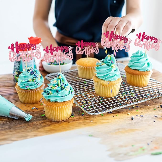 Ephlyn 24Pcs Happy Birthday Cupcake Toppers Double Layer Glitter Happy Birthday Cake Decorations for Celebrating Baby Shower Theme Kids Boys Girls Birthday Anniversary Party Supplies Rose Red Pink