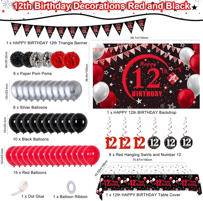 12th Birthday Decorations for Boys Girls, Red Black Happy 12th Birthday Decorations, 12 Birthday Backdrop Banner Tablecloth Triangle Flag Balloons, 12 Year Old Boy Girl Bday Party Supplies