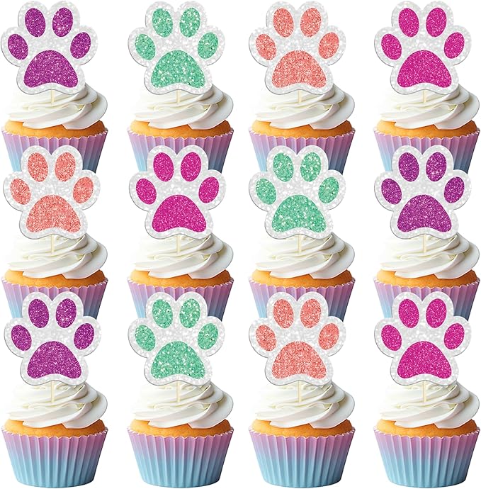 36 Pcs Paw Cupcake Toppers Glitter Dog Paw Cake Decorations 4 Colors Glitter Puppy Cupcake Toppers for Baby Shower Boys Girls Birthday Party Cake Supplies