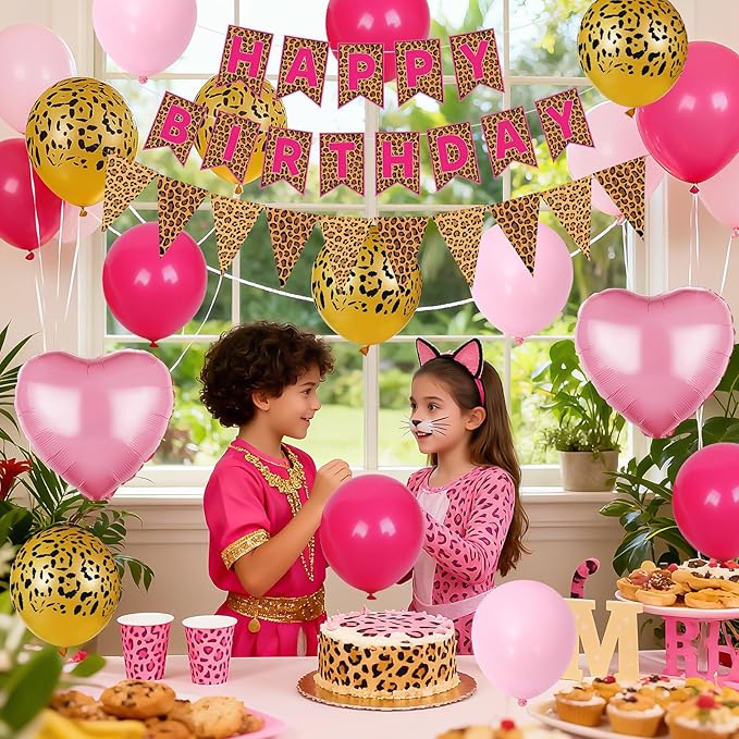 Pink Leopard Birthday Decorations, Gold Cheetah Print Animal Balloons Hot Pink and Heart Balloons, Cheetah Happy Birthday Banner for Safari Wild Birthday Baby Shower Jungle Theme Party Supplies