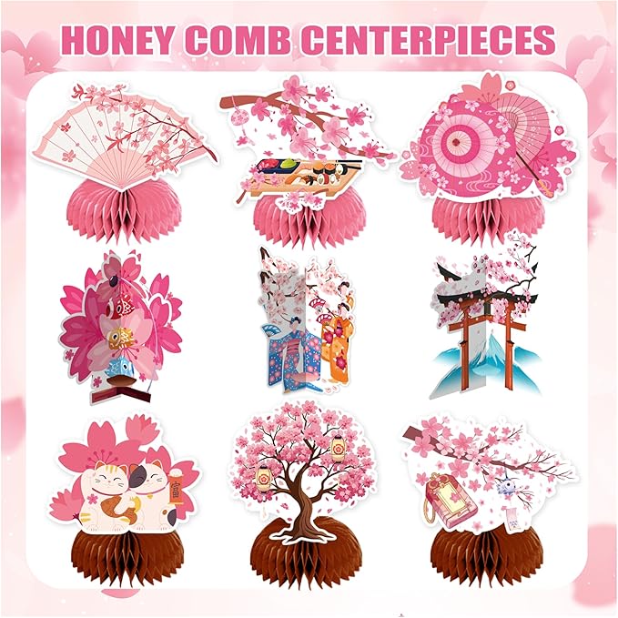 9 PCS Cherry Blossom Honeycomb Centerpieces for Table Decor, Cherry Blossom Table Decorations Table Toppers for Japanese Cherry Blossom Party Decorations Cherry Blossom Birthday Party Supplies