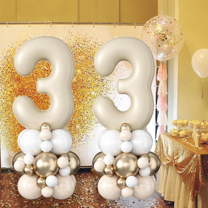 40 Inch Cream Number 3 Balloon for 3rd Birthday Decoration Beige White Sand Number Three Foil Balloon Tower Giant Large Nude Neutral Digit Helium Balloons Stack for Girls Third Anniversary Party