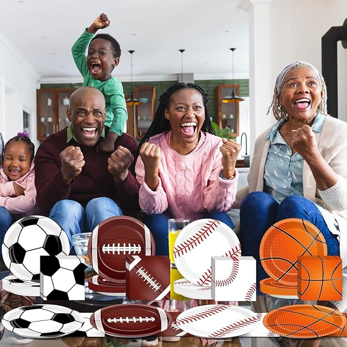 96 Pcs Sports Party Decoration Sport Plates and Napkins Basketball Football Baseball Dessert Cake Tableware Supplies Rugby Theme Activities Game Disposable Paper Party Dinnerware Favor