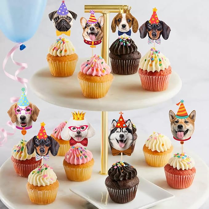 Pet Dog Cupcake Toppers, 24 PCS Pet Dogs Themed Birthday Party Supplies Cute Puppy Birthday Party Baby Shower Party Cake Decorations