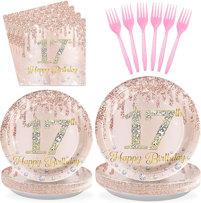 96 PCS 17th Birthday Party Decorations Rose Gold 17 Years Old Birthday Party Plates and Napkins Disposable 17th Birthday Paper Tableware Set for Girls Seventeen Birthday Party Supplies, Serves 24